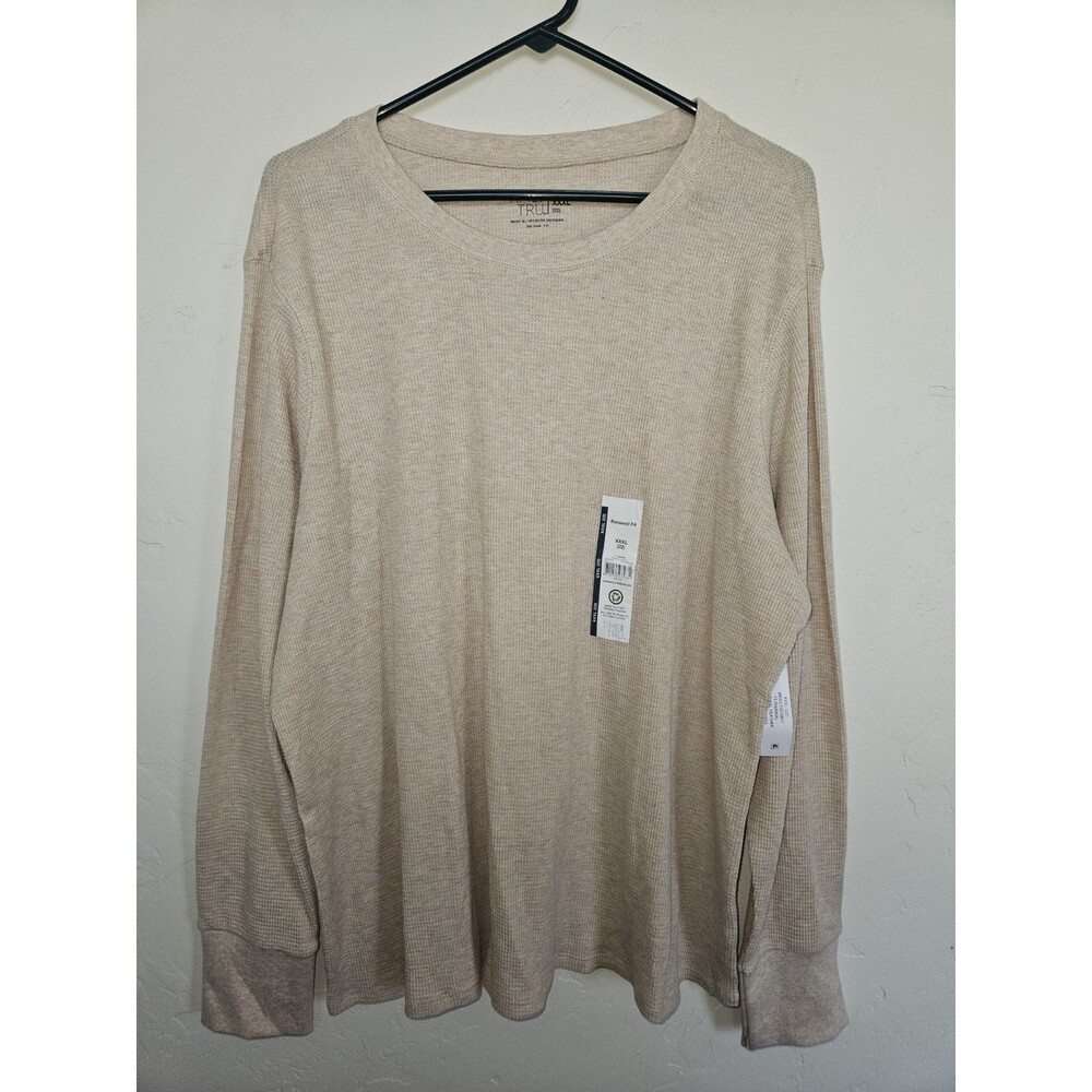 Time and Tru Men's Waffle Knit Long Sleeve Shirt, Relaxed Fit, Beige, XXXL